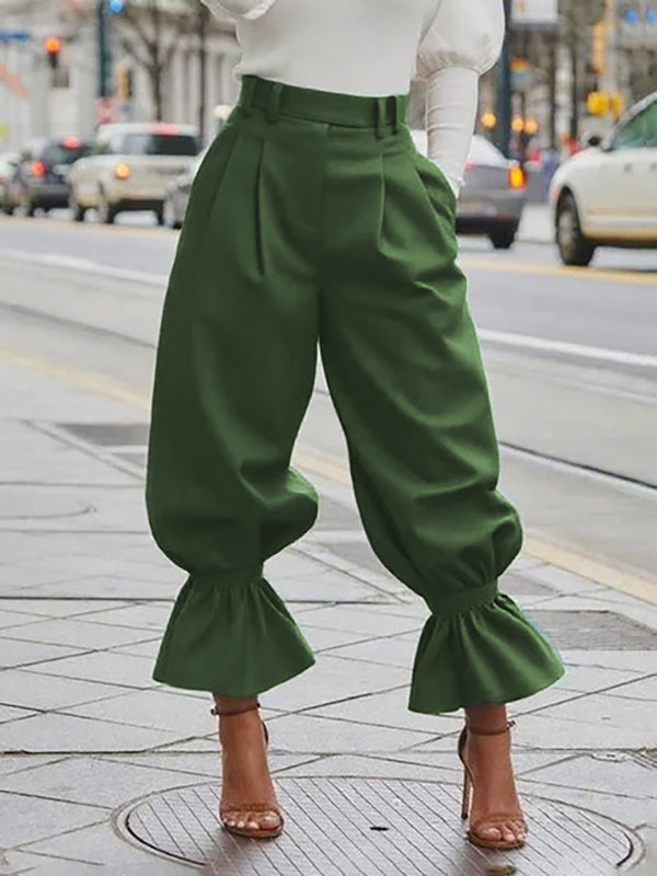 High Waisted Pleated Pockets Ruffle Trim Solid Color Pants