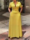 A-Line Loose Buttoned Pockets Solid Color Deep V-Neck Maxi Dresses