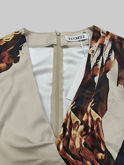 Long Sleeves Loose Floral Printed Pleated Split-Joint V-Neck Jumpsuits