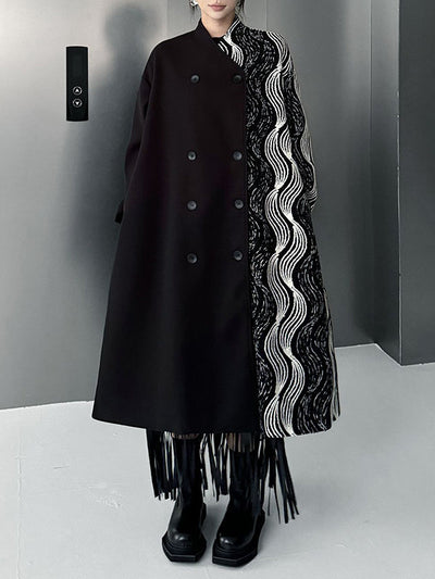 Long Sleeves Loose Buttoned Contrast Color Pockets Stand Collar Woolen Coat