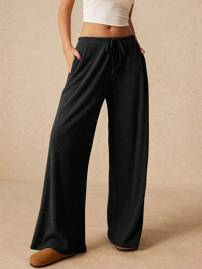 Elasticated Waist High Waisted Drawstring Solid Color Split-Joint Pants Trousers