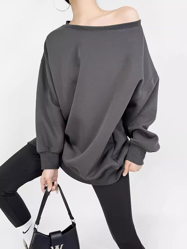 Long Sleeves Loose Solid Color Split-Joint Round-Neck Sweatshirt Tops