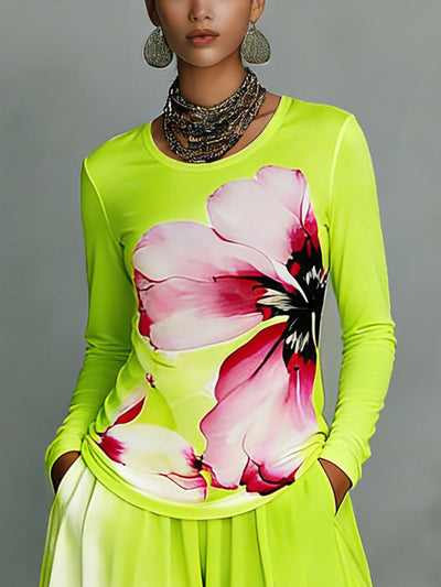 Long Sleeves Contrast Color Flower Print Split-Joint Round-Neck T-Shirts Tops