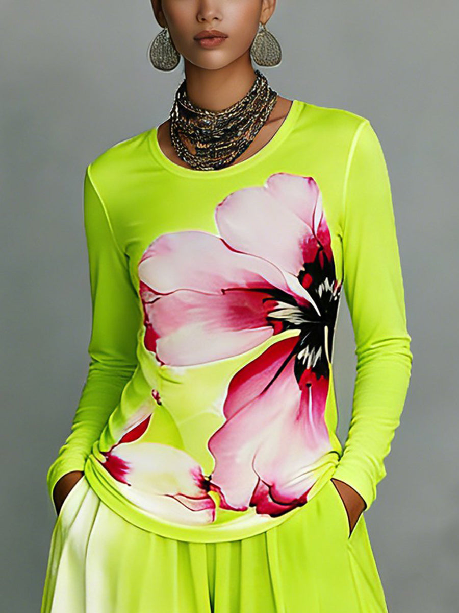 Long Sleeves Contrast Color Flower Print Split-Joint Round-Neck T-Shirts Tops
