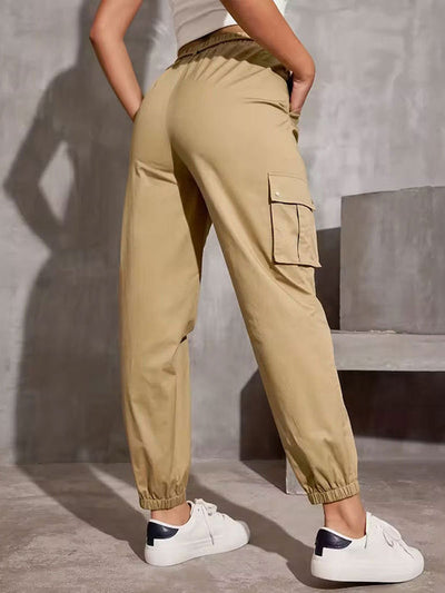 High Waisted Elasticity Pockets Solid Color Split-Joint Tied Waist Cargo Pants Trousers
