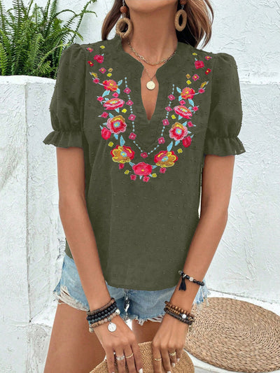 Loose Puff Sleeves Flower-Embellished Contrast Color Jacquard Pleated Ruffled Split-Joint V-Neck Blouses&Shirts Tops