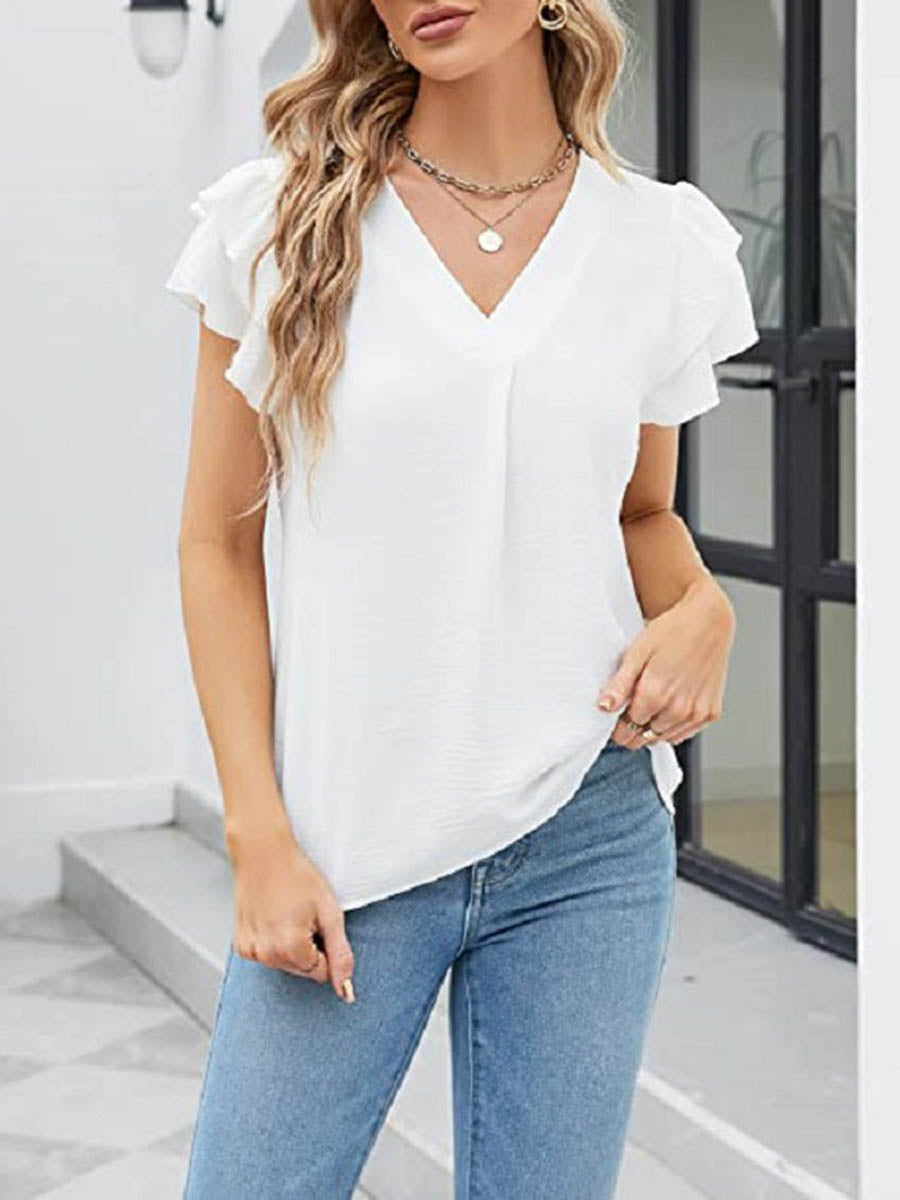 Loose Ruffle Sleeves Solid Color Split-Joint Textured V-Neck Blouses&Shirts Tops