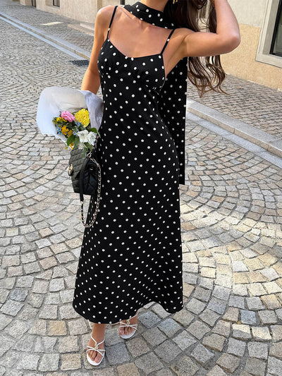 A-Line High Waisted Backless Contrast Color Polka-Dot Split-Joint Halter-Neck Midi Dresses