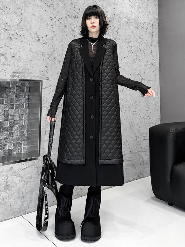 Loose Sleeveless Buttoned Plaid Pockets Solid Color Split-Joint Notched Collar Outerwear Padded Vest