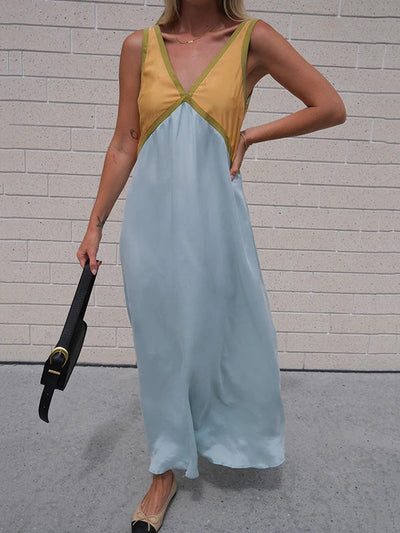 Loose Sleeveless Contrast Color Split-Joint Deep V-Neck Maxi Dresses