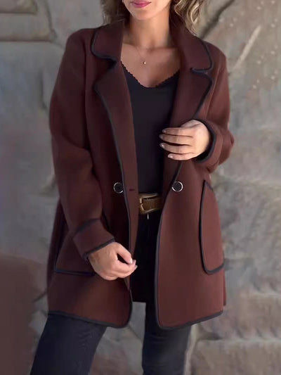 Long Sleeves Loose Buttoned Pockets Split-Joint Notched Collar Woolen Coat