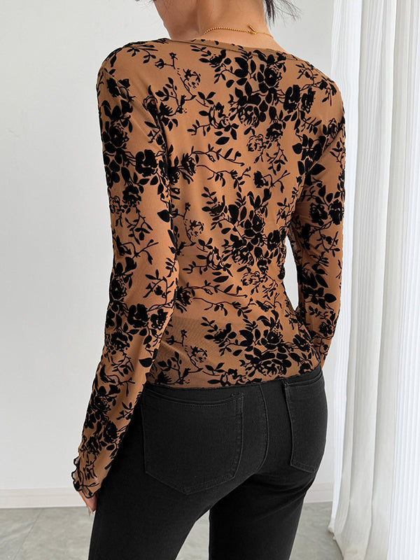 Flared Sleeves Long Sleeves Solid Color Deep V-Neck T-Shirts