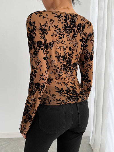 Flared Sleeves Long Sleeves Solid Color Deep V-Neck T-Shirts