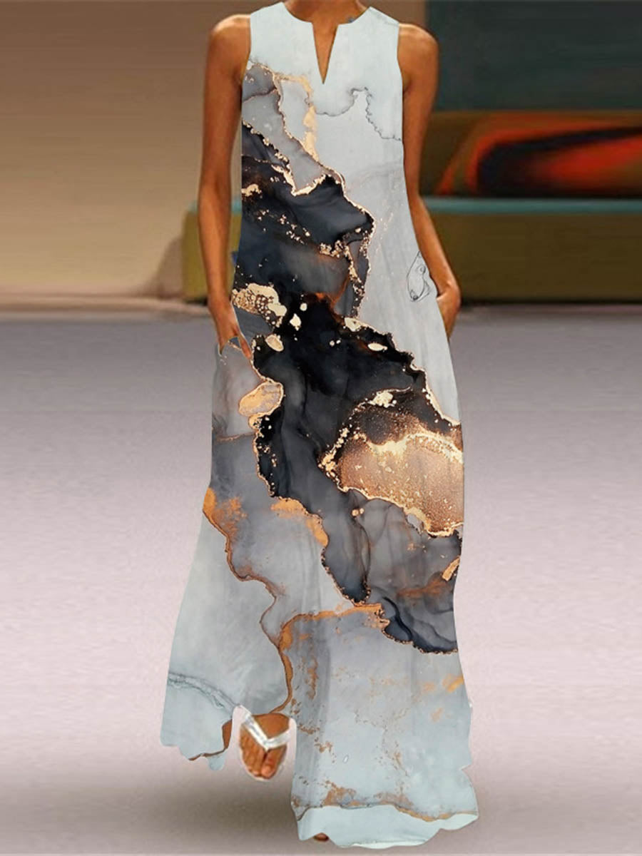 A-Line Loose Contrast Color Pockets Printed Split-Joint V-Neck Maxi Dresses