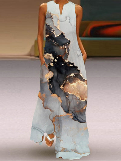 A-Line Loose Contrast Color Pockets Printed Split-Joint V-Neck Maxi Dresses