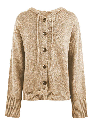 Wrap Buttoned Hooded Solid Color Cardigan