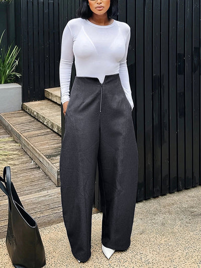 Loose Pockets Solid Color Zipper Pants Trousers