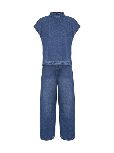 High Waisted Loose Pockets Solid Color Mock Neck Suits Vest Top + Pants Bottom Two Pieces Set