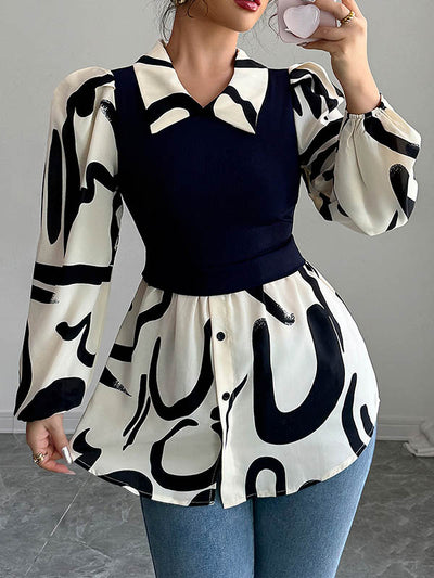 Long Sleeves Loose Buttoned Contrast Color Pleated Split-Joint Lapel Blouses&Shirts Tops