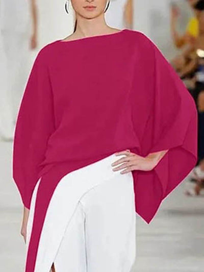 Batwing Sleeves Loose Solid Color Split-Joint Round-Neck Blouses