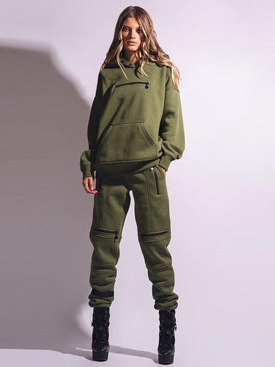 Stylish High-Waisted Solid Color Zipper Casual Sports Pants