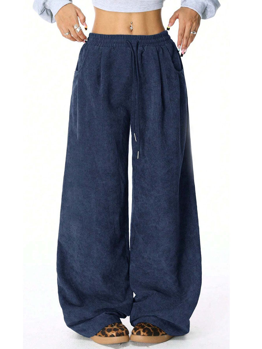 High Waisted Wide Leg Drawstring Elasticity Pockets Solid Color Pants Trousers