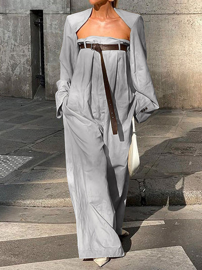 Buttoned Long Sleeves Collarless Outerwear Top + Wide Leg Belted Jumpsuits Two Pieces Set