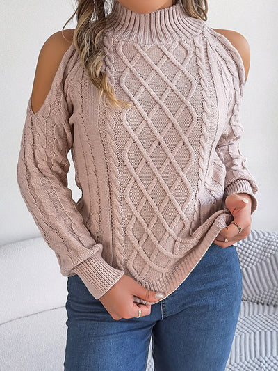 Long Sleeves Loose Hollow Solid Color Cold Shoulder Pullovers Sweater Tops