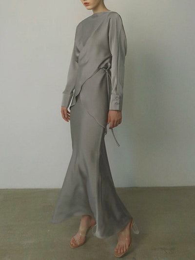 Loose Solid Color Split-Joint Boat Neck Long Sleeves Blouse & Shirt + Skirt Two Pieces Set