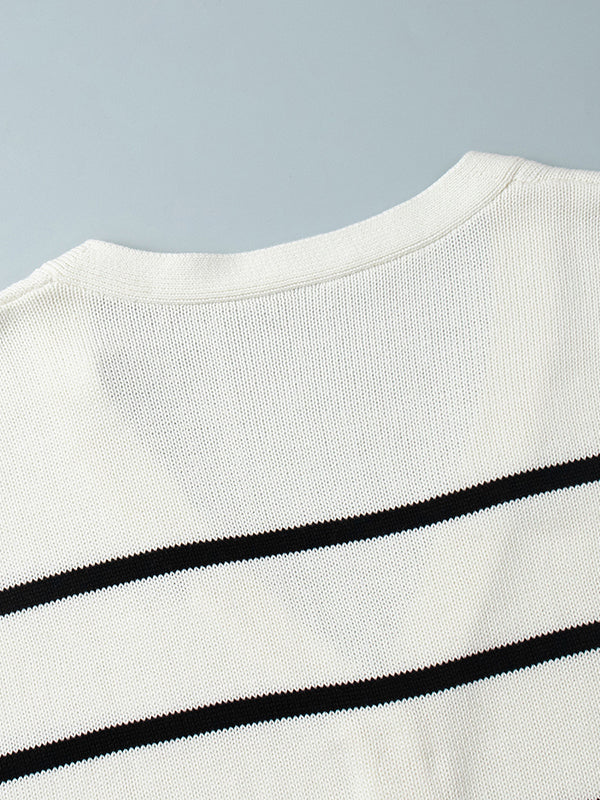 Long Sleeves Loose Split-Joint Striped V-Neck Cardigan Tops