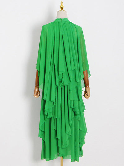 Loose Raglan Sleeve Solid Color Tiered Stand Collar Maxi Dresses