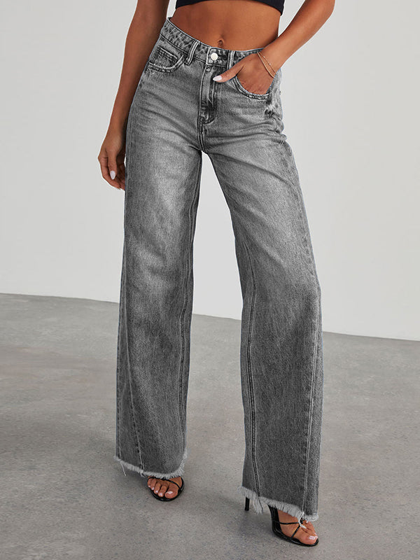 High Waisted Wide Leg Split-Joint Tasseled Jean Pants Bottoms