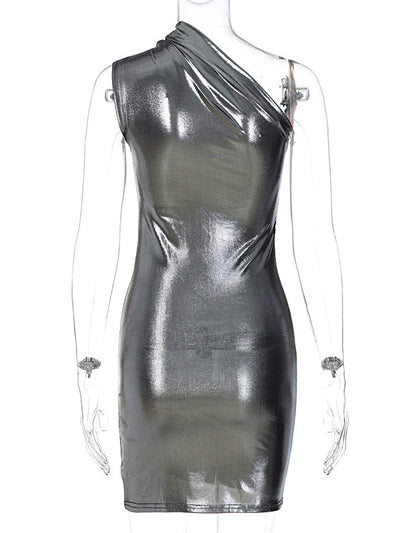 Skinny Asymmetric Shiny Solid Color Split-Joint One-Shoulder Evening Dresses Mini Dresses