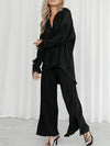 Flared Sleeves Long Sleeves Buttoned Drawstring Pleated Solid Color Split-Side Lapel Shirts Top + Pants Bottom Pajama Sets