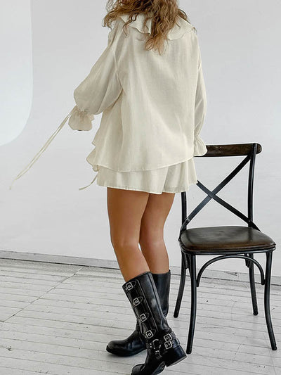 Long Sleeves Loose Ruffle Trim Solid Color Tied V-Neck Blouses&Shirts Tops + Elasticity Shorts Bottom Two Pieces Set