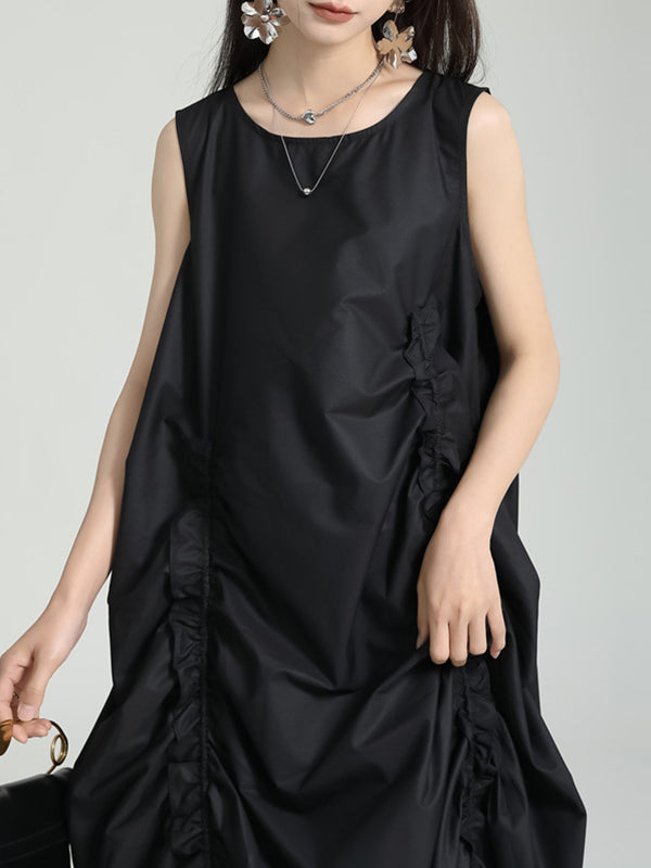 Loose Sleeveless Asymmetric Elasticity Pleated Solid Color Round-Neck Midi Dresses