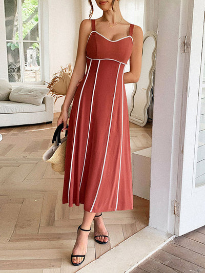 A-Line High Waisted Contrast Color Zipper Spaghetti-Neck Midi Dresses