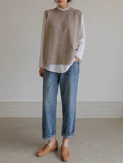 Simple Sleeveless Loose Buttoned Solid Color Round-Neck Sweater Vest Outerwear