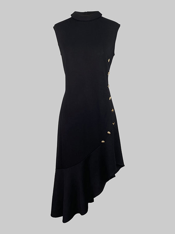 Loose Sleeveless Asymmetric Buttoned Ruffle Trim Solid Color Mock Neck Midi Dresses