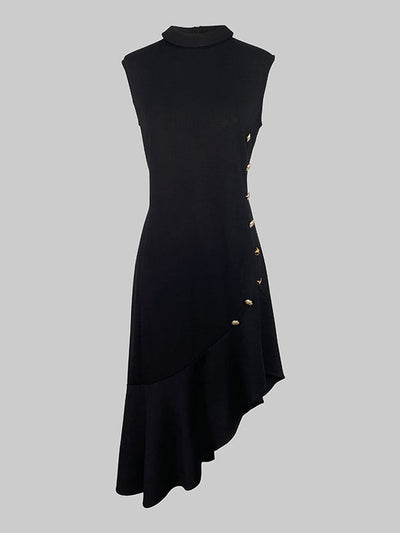 Loose Sleeveless Asymmetric Buttoned Ruffle Trim Solid Color Mock Neck Midi Dresses