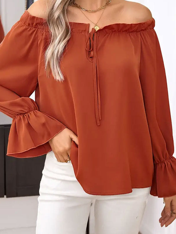 Flared Sleeves Long Sleeves Drawstring Elasticity Pleated Solid Color Off-the-shoulder Blouses&shirts Tops
