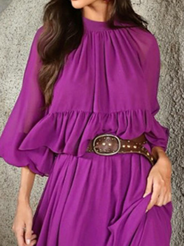 Flared Sleeves Loose Pleated Solid Color Split-Joint Round-Neck Maxi Dresses