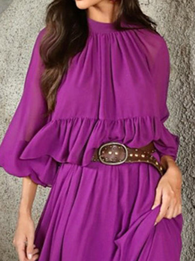 Flared Sleeves Loose Pleated Solid Color Split-Joint Round-Neck Maxi Dresses