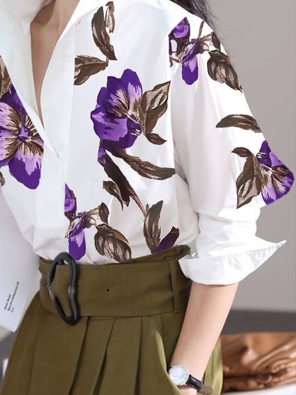 Long Sleeves Loose Flower Print Stand Collar Blouses&Shirts Tops