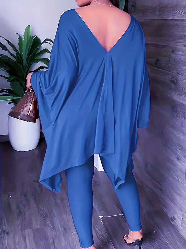 Batwing Sleeves Loose Solid Color V-Back V-Neck Shirts Tops&Pants Two Pieces Set