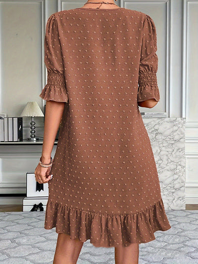 A-Line Flared Sleeves Elasticity Jacquard Pleated Solid Color Split-Joint V-Neck Mini Dresses