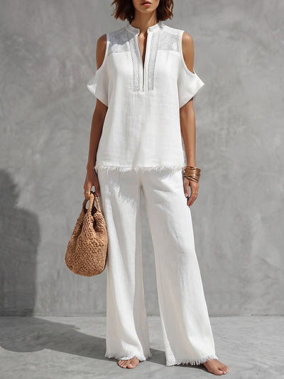 Fringed Cold Shoulder Half-Zip Solid Color Short Sleeve Blouses&Shirts Tops +  Pants Bottoms Trousers Two Pieces Set