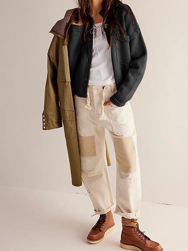 Long Sleeves Loose Buttoned Pockets Solid Color Split-Joint Stand Collar Cardigan Tops