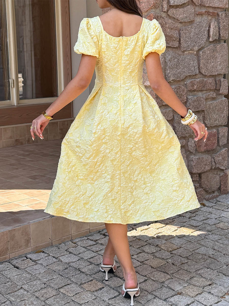 High Waisted Puff Sleeves Jacquard Pleated Solid Color Split-Joint Square-Neck Midi Dresses