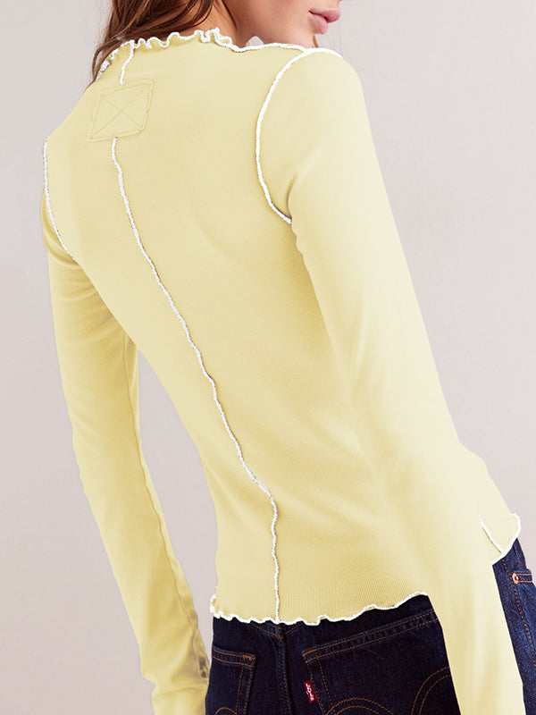 Long Sleeves Skinny Solid Color Round-Neck T-Shirts